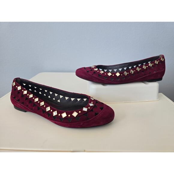 Tory Burch Burgundy Suede Flats 9M | Studded Cutout Ballet Shoes Brazil Luxury - Picture 1 of 7